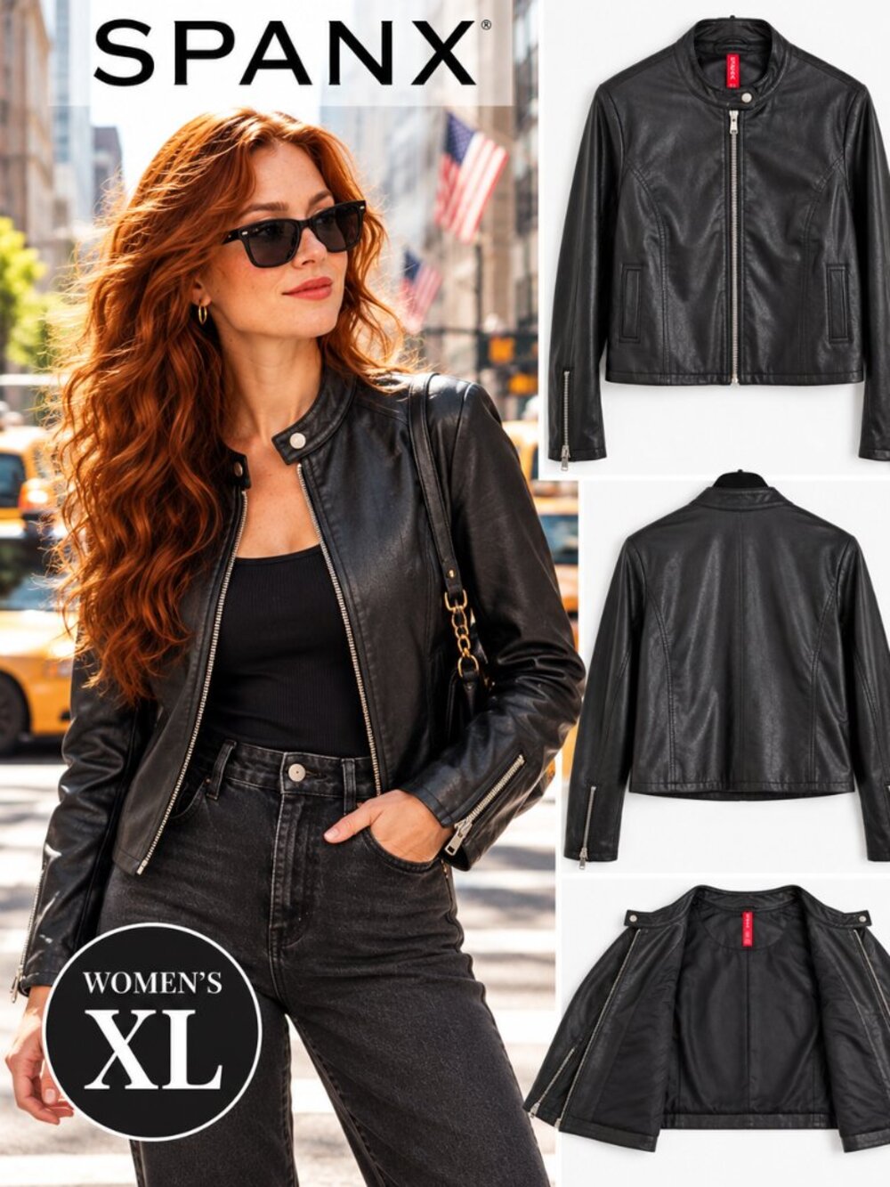 Spanx Faux Leather Moto Jacket Womens XL Black Stretch Cropped Full Zip Biker